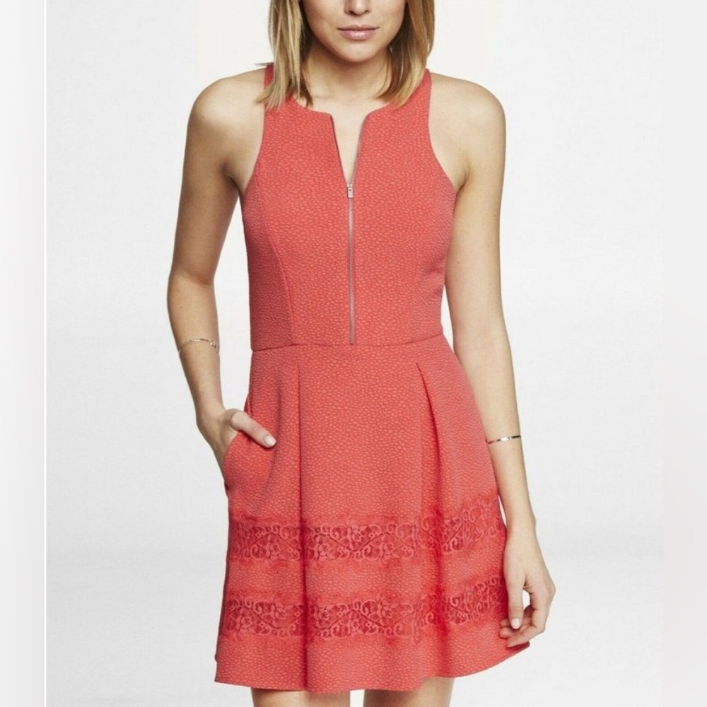 Express Hot Pink Coral Lace Sleeveless Mini Dress With Front Zipper Size 4